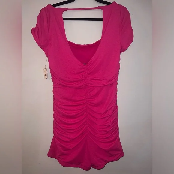 NWT Free People Movement Pink Romper Rouched Bodysuit Size L - Picture 2 of 6